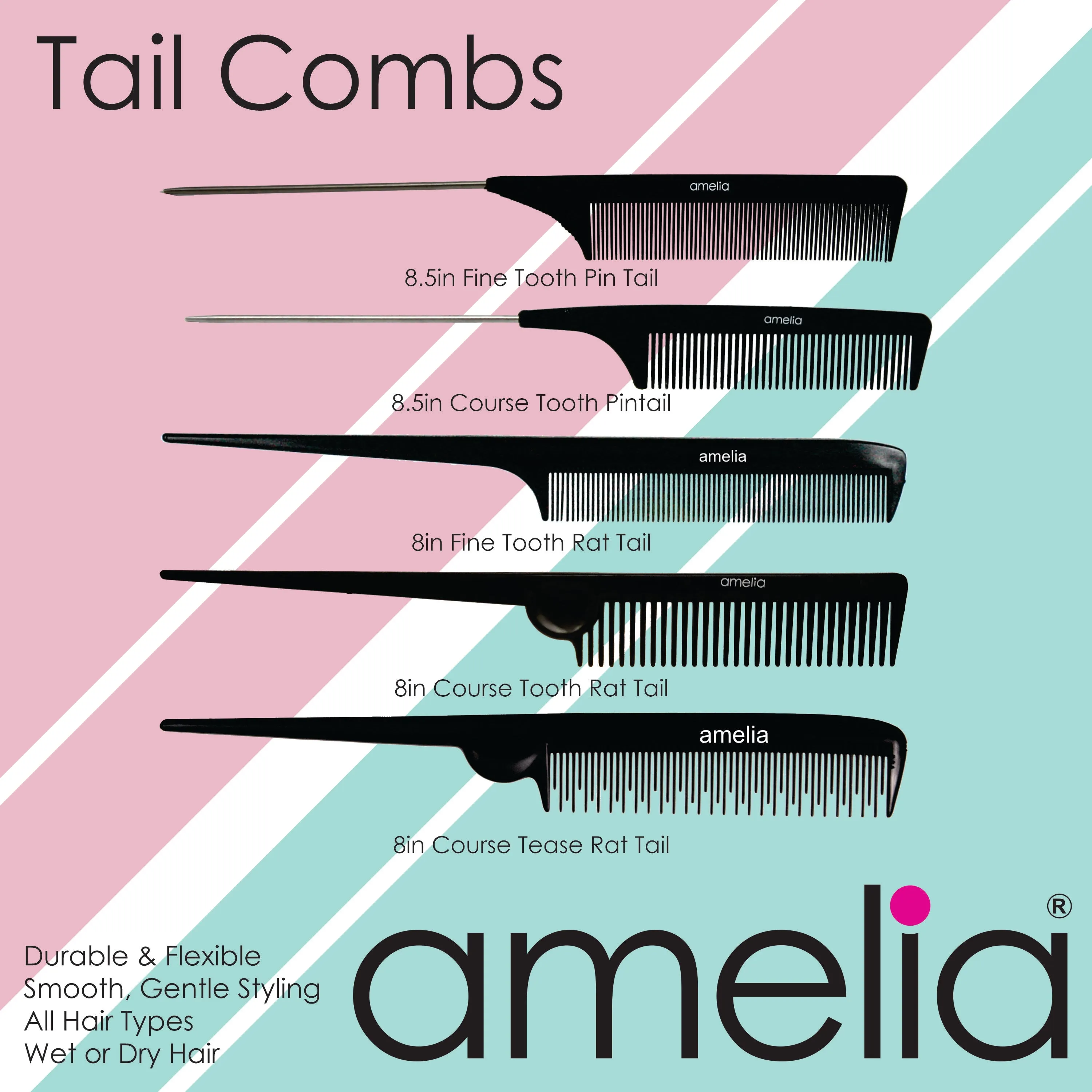 Amelia Beauty, 9in Black Plastic Pin Stainless Tail Regular Tooth Comb, Professional Grade Hair Comb, For Highlighting, Sectioning & Styling Hair with Pin Tip, Wet or Dry, 9"x1", 2 Pack