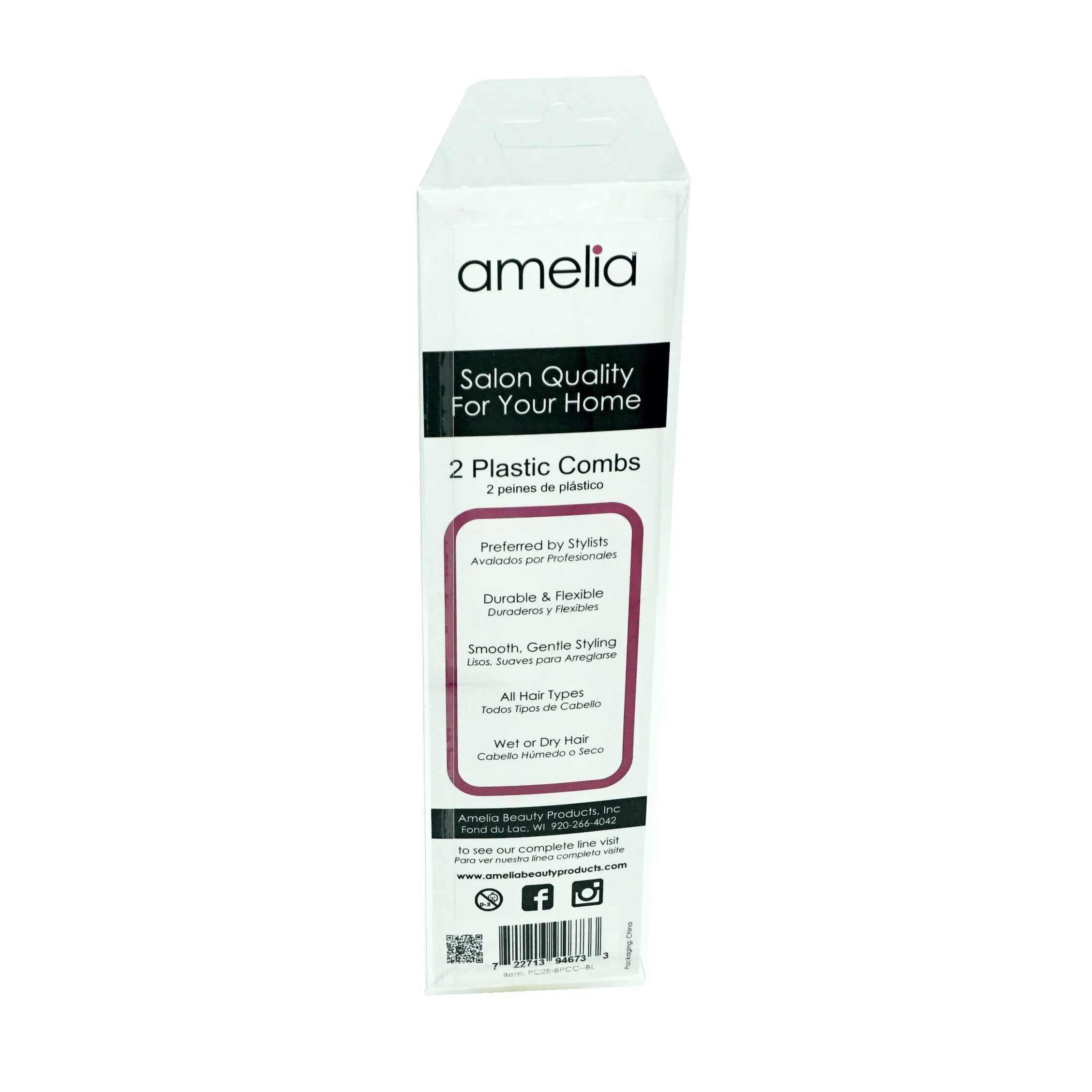 Amelia Beauty, 9in Black Plastic Pin Stainless Tail Regular Tooth Comb, Professional Grade Hair Comb, For Highlighting, Sectioning & Styling Hair with Pin Tip, Wet or Dry, 9"x1", 2 Pack