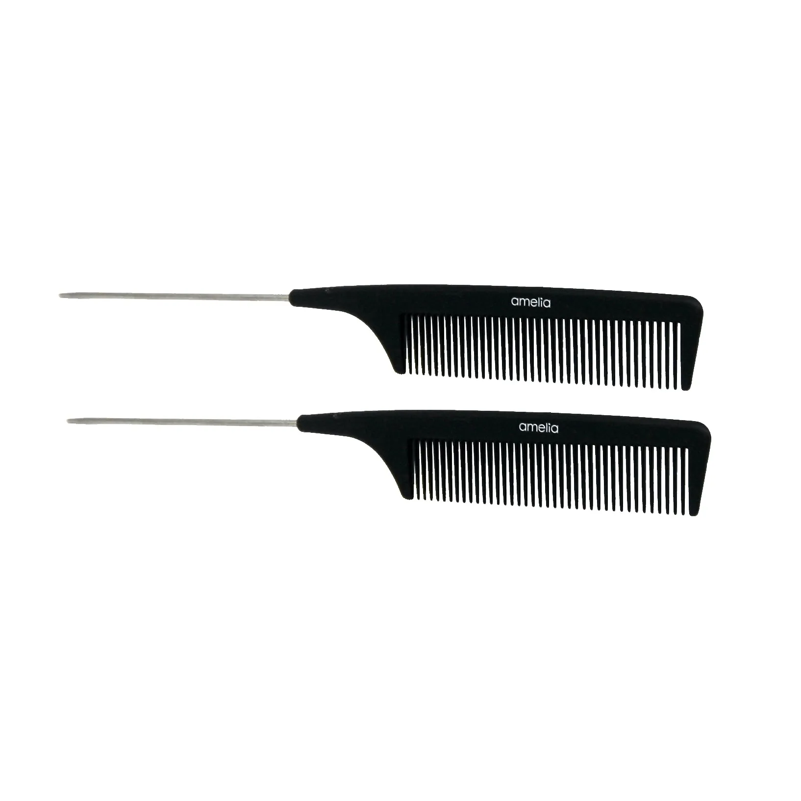 Amelia Beauty, 9in Black Plastic Pin Stainless Tail Regular Tooth Comb, Professional Grade Hair Comb, For Highlighting, Sectioning & Styling Hair with Pin Tip, Wet or Dry, 9"x1", 2 Pack