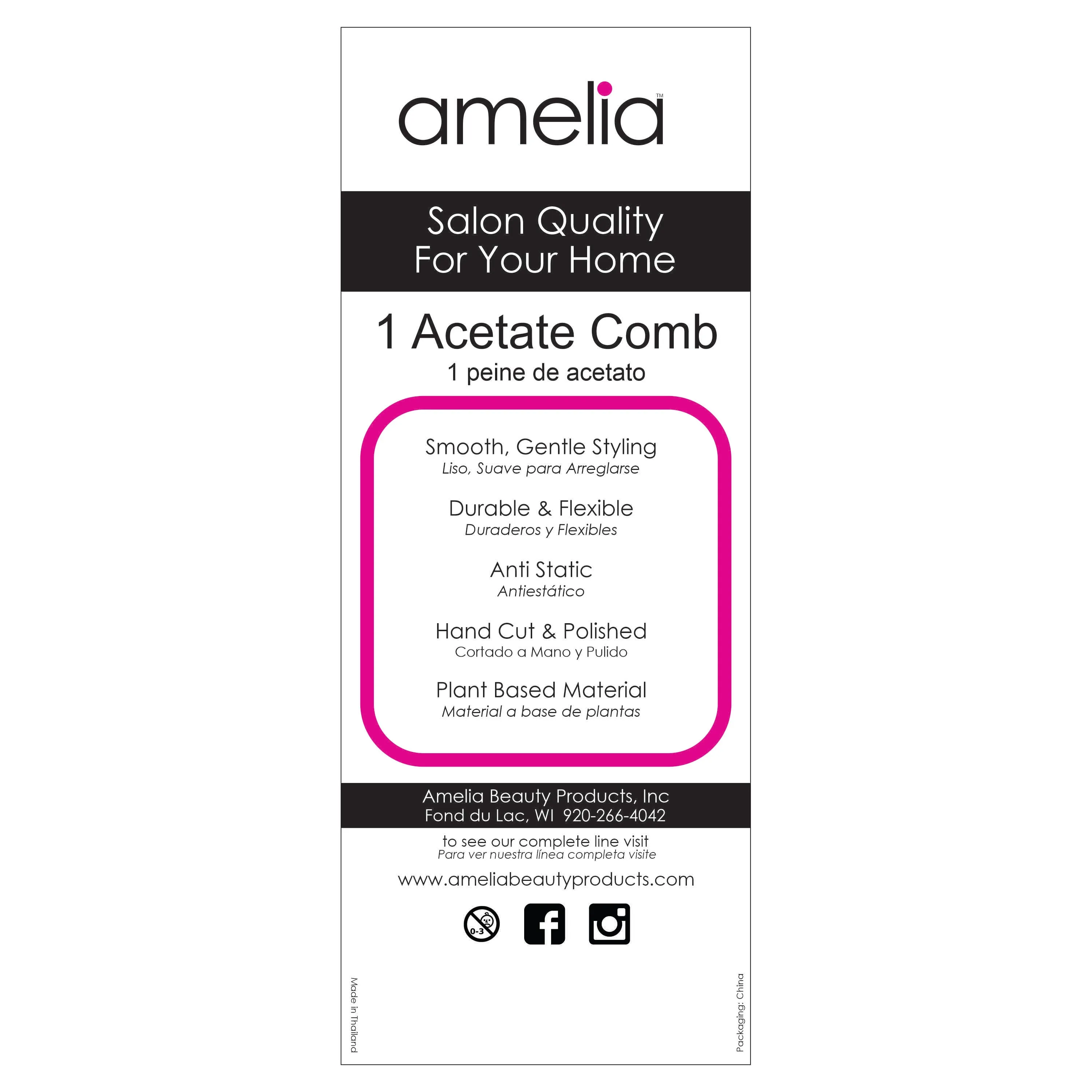Amelia Beauty Cellulose Acetate 7in Styling Comb, Handmade, Smooth Edges, Eco-Friendly Plant Based Material, Fine and Course Teeth - Tortoise Shell Color