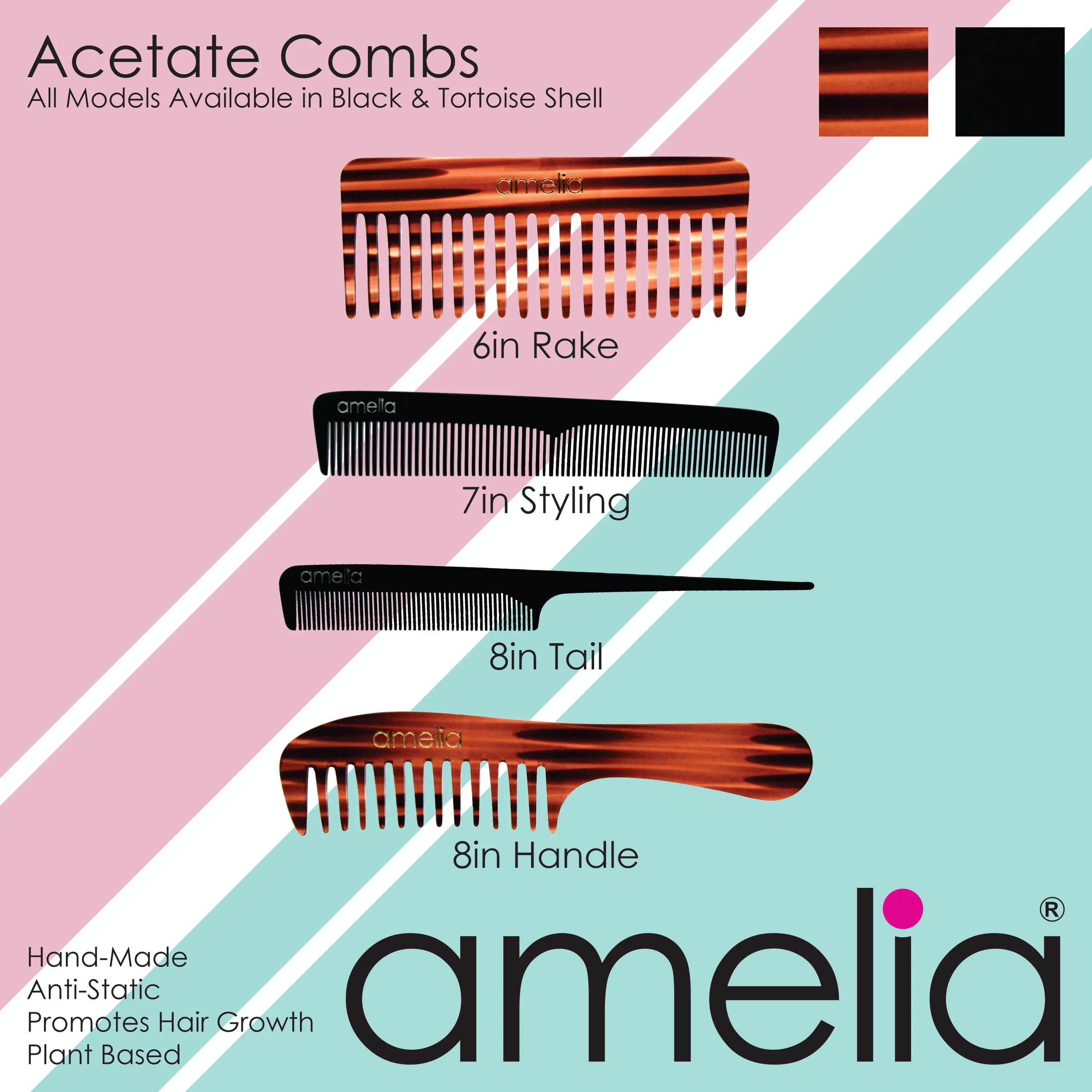 Amelia Beauty Cellulose Acetate 8in Handle Comb, Handmade, Smooth Edges, Eco-Friendly Plant Based Material, Course Tooth - Tortoise Shell Color