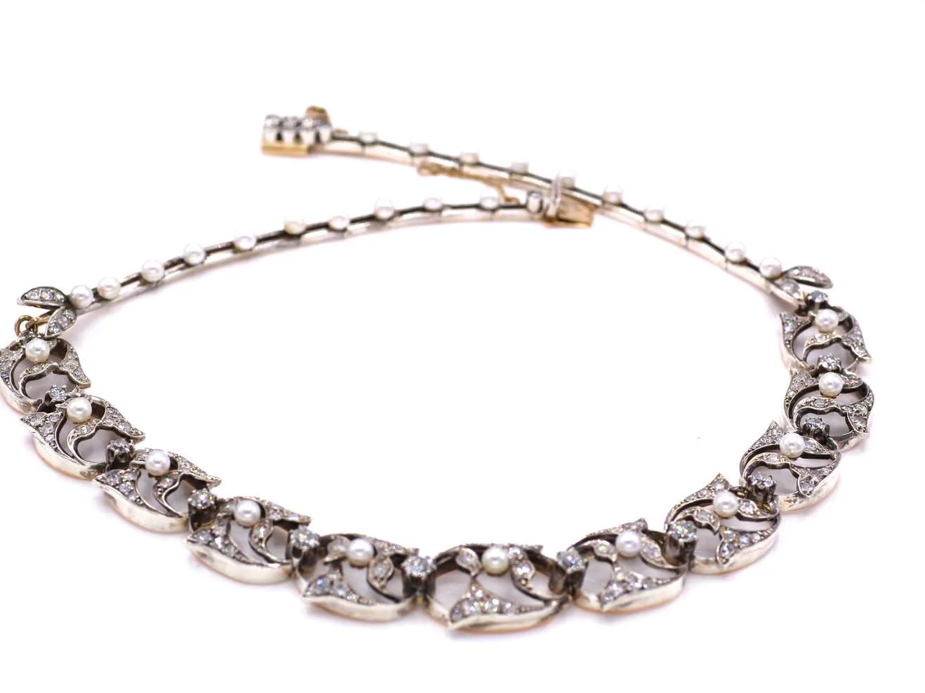 Antique French Diamond Pearl Silver on 18 Karat Gold Necklace