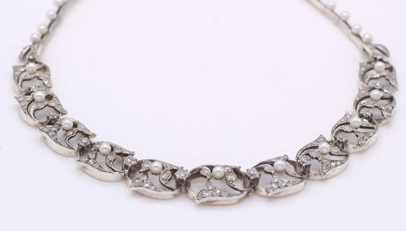 Antique French Diamond Pearl Silver on 18 Karat Gold Necklace