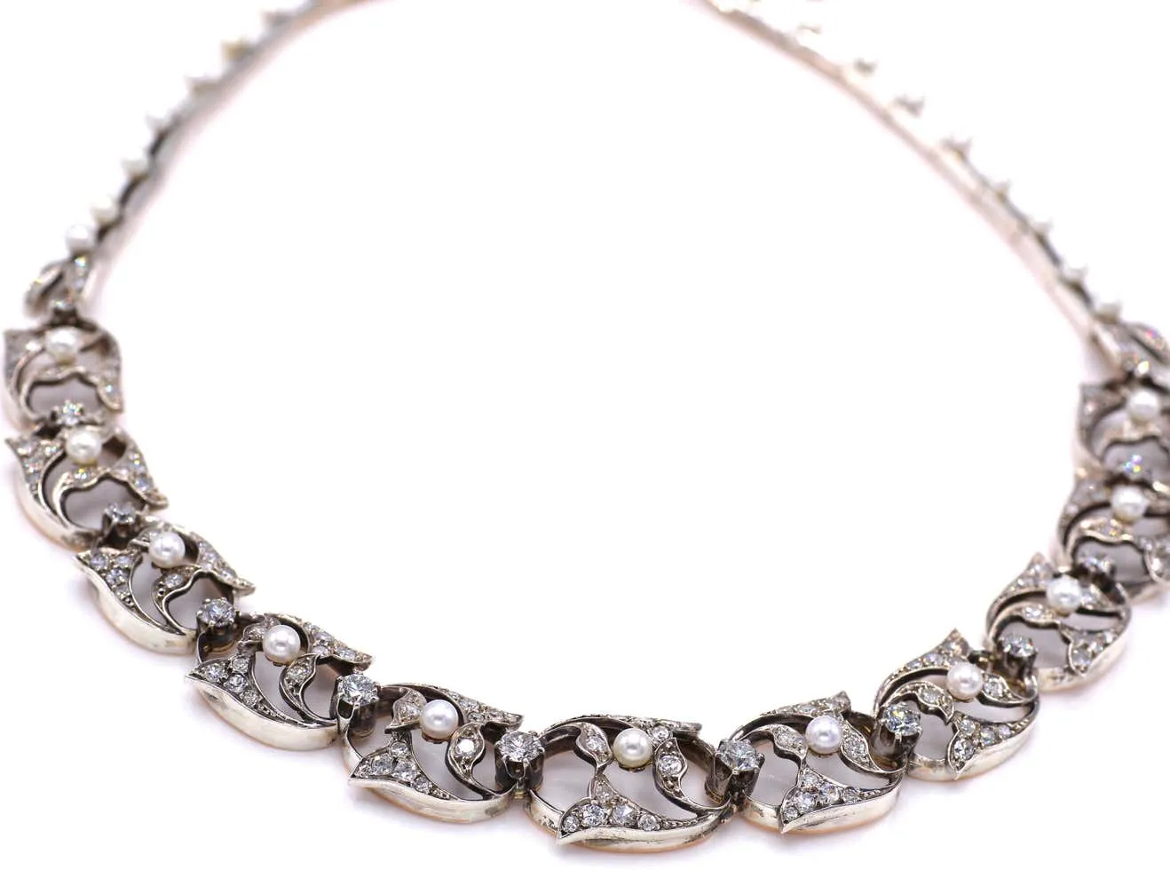 Antique French Diamond Pearl Silver on 18 Karat Gold Necklace