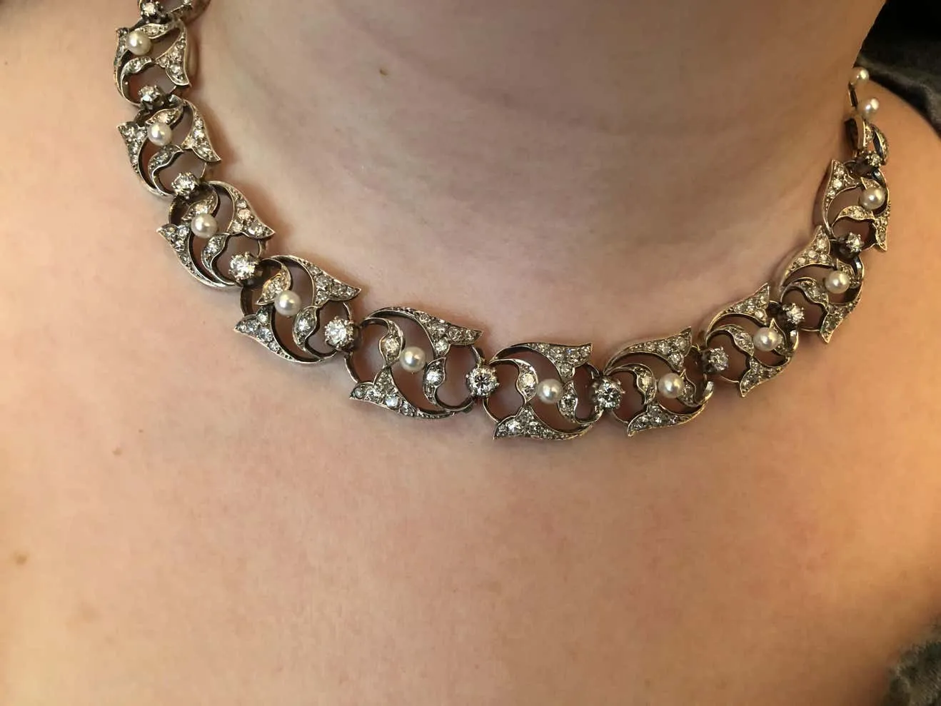 Antique French Diamond Pearl Silver on 18 Karat Gold Necklace