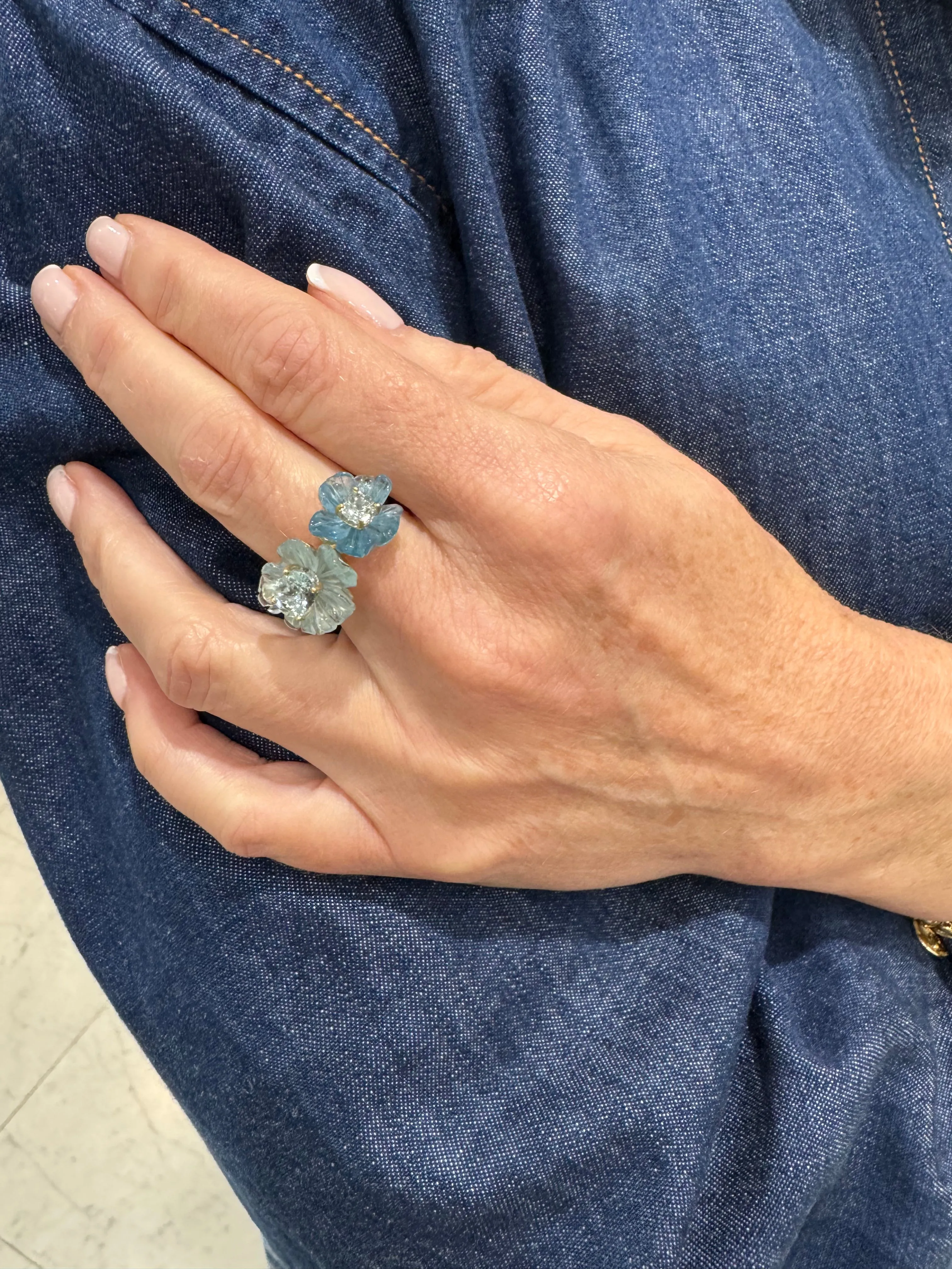 AQUAMARINE TROPICAL FLOWER DUET RING