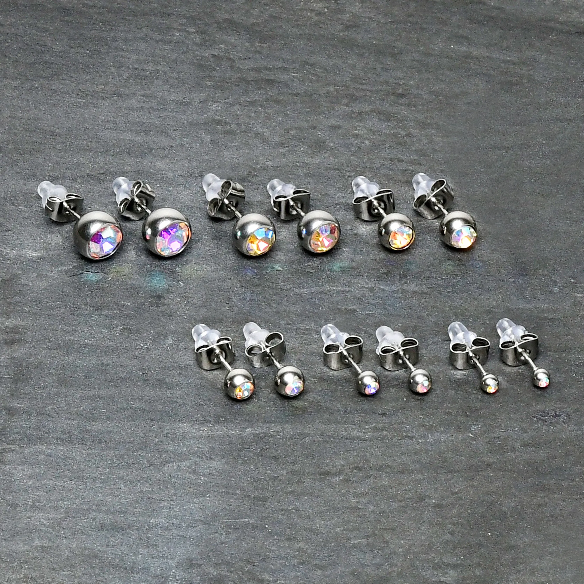 Aurora Gem 3mm to 8mm Ball End Stud Earrings Set of 6