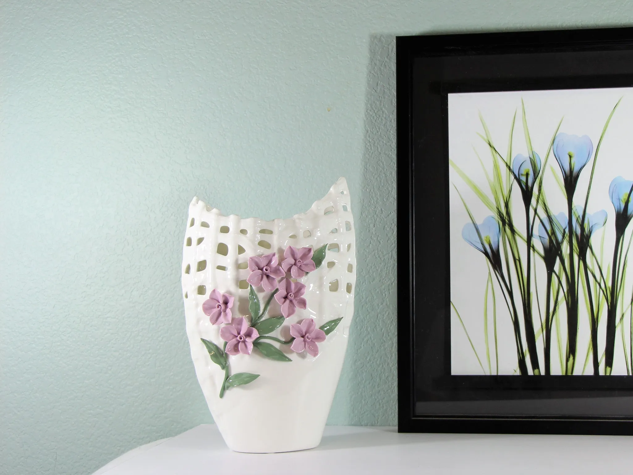 Basket Style Tall White Porcelain Vase with Pinched Purple Flowers