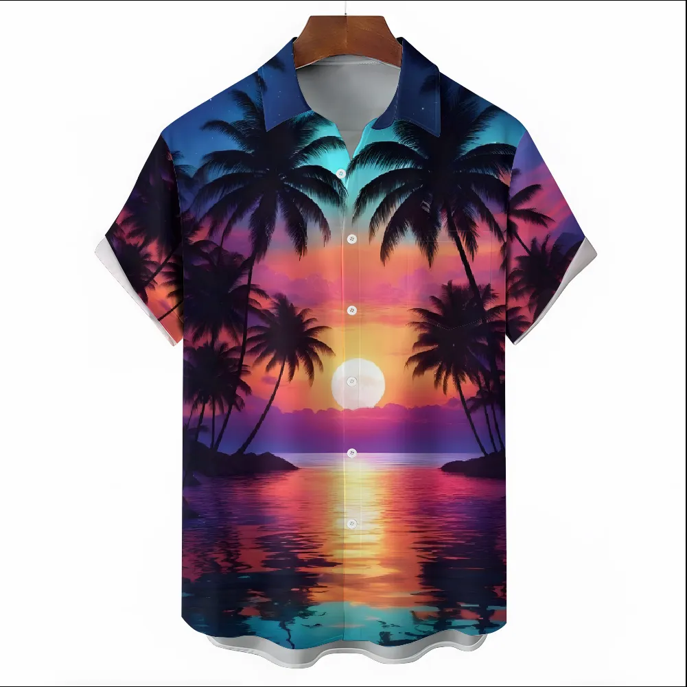 Beach Coconut Trees Sunset Gradient Chest Pocket Hawaiian Shirt 2501001359
