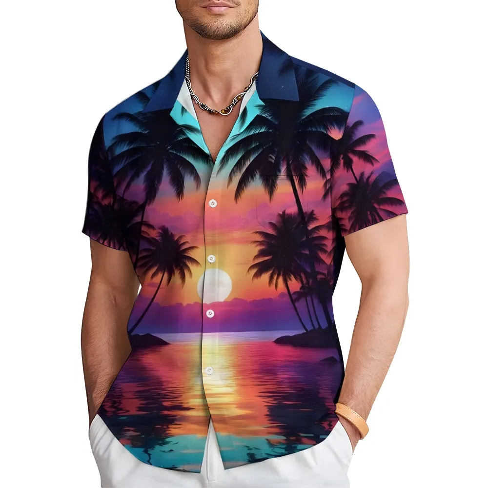 Beach Coconut Trees Sunset Gradient Chest Pocket Hawaiian Shirt 2501001359