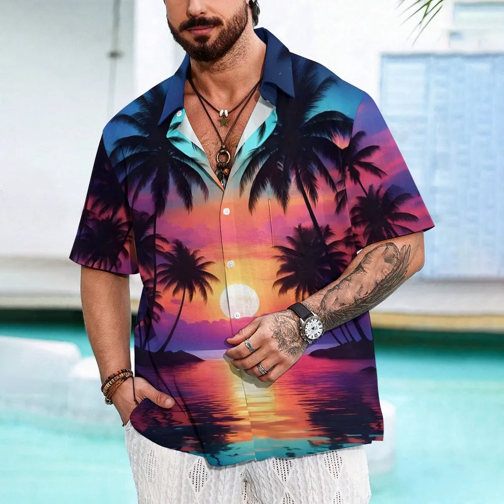Beach Coconut Trees Sunset Gradient Chest Pocket Hawaiian Shirt 2501001359