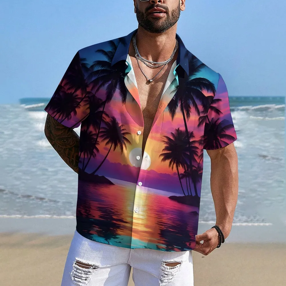 Beach Coconut Trees Sunset Gradient Chest Pocket Hawaiian Shirt 2501001359