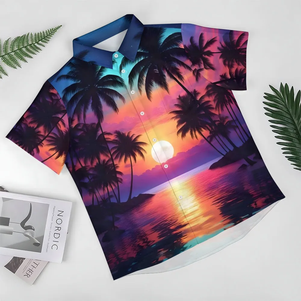 Beach Coconut Trees Sunset Gradient Chest Pocket Hawaiian Shirt 2501001359