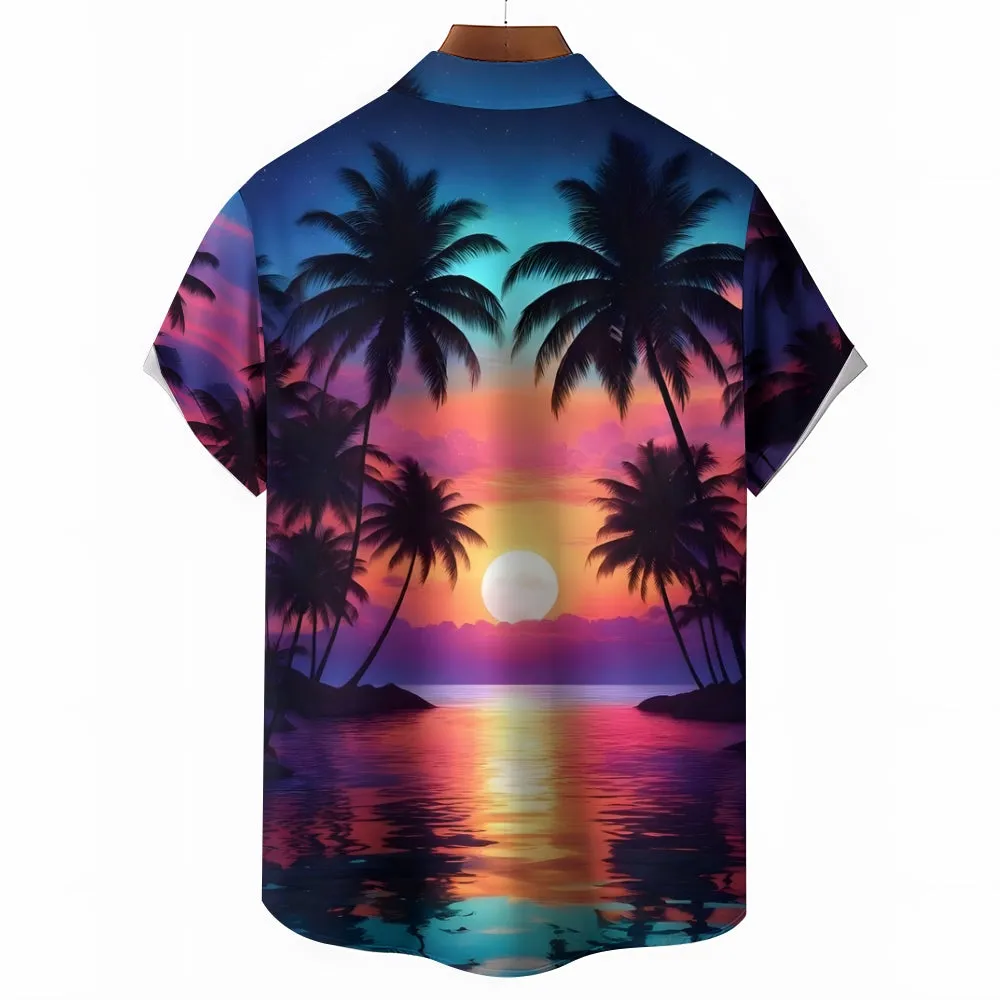 Beach Coconut Trees Sunset Gradient Chest Pocket Hawaiian Shirt 2501001359