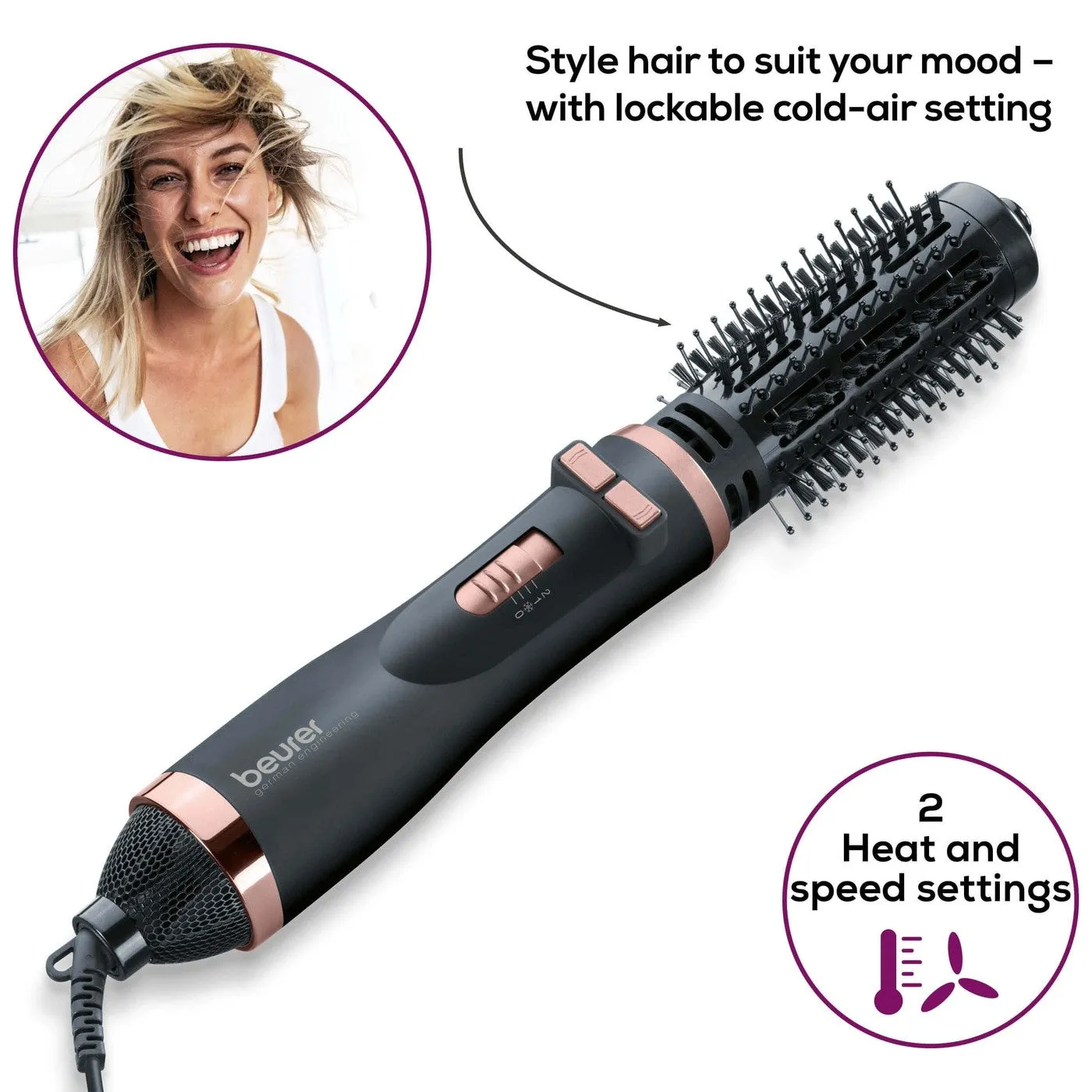Beurer Germany HT 80 Rotating Hot Air Styling & Drying Brush. 2 Attachments for Straight Hair, Volume & Bounce or Curls & Waves