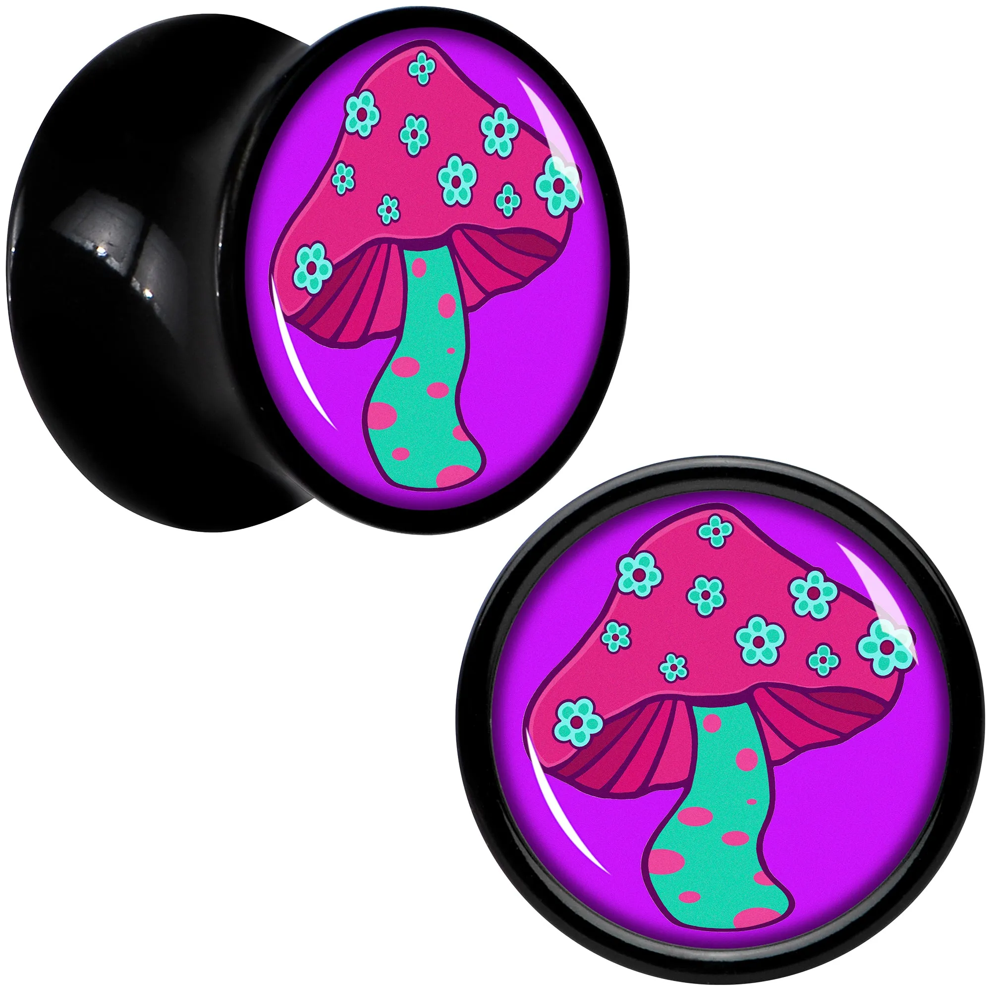 Black Acrylic Funky Floral Mushroom Double Flare Plug Set