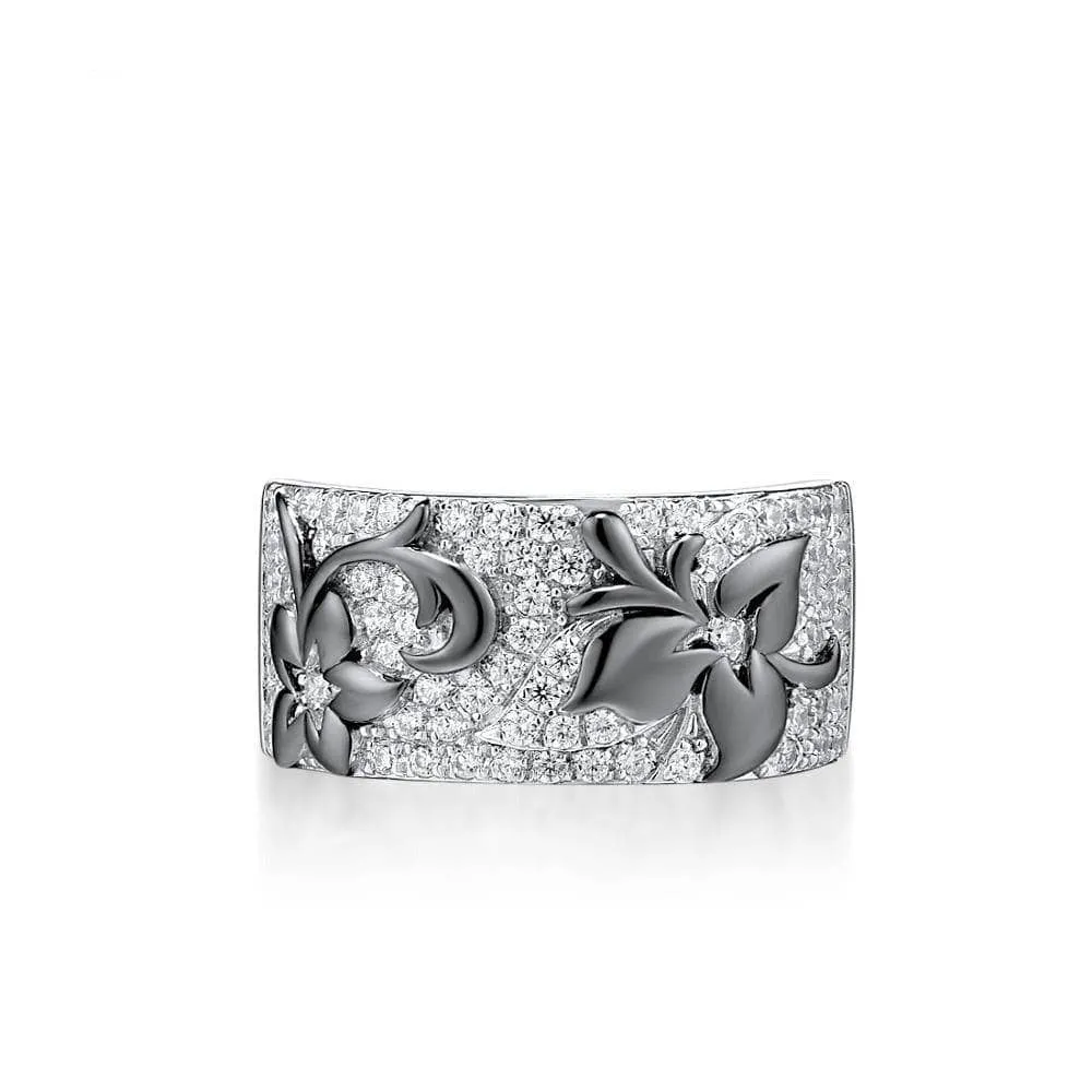 Black Flowers with Diamonds Ring
