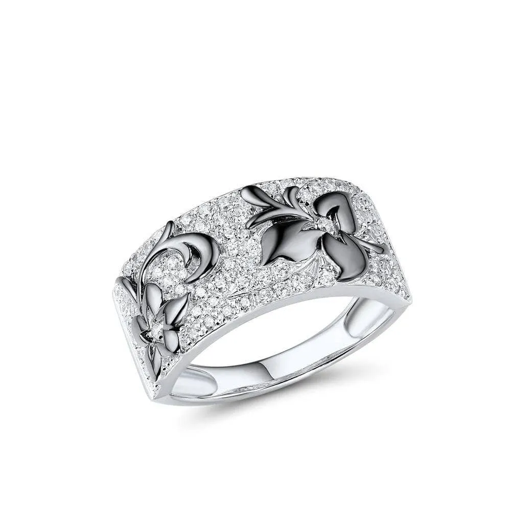 Black Flowers with Diamonds Ring