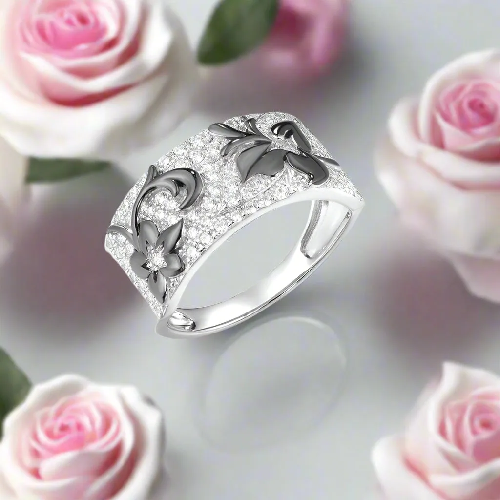 Black Flowers with Diamonds Ring