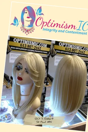 Blonde synthetic glueless bob Wig with bangs $59 Optimismic Wigs and Gifts West St Paul MN