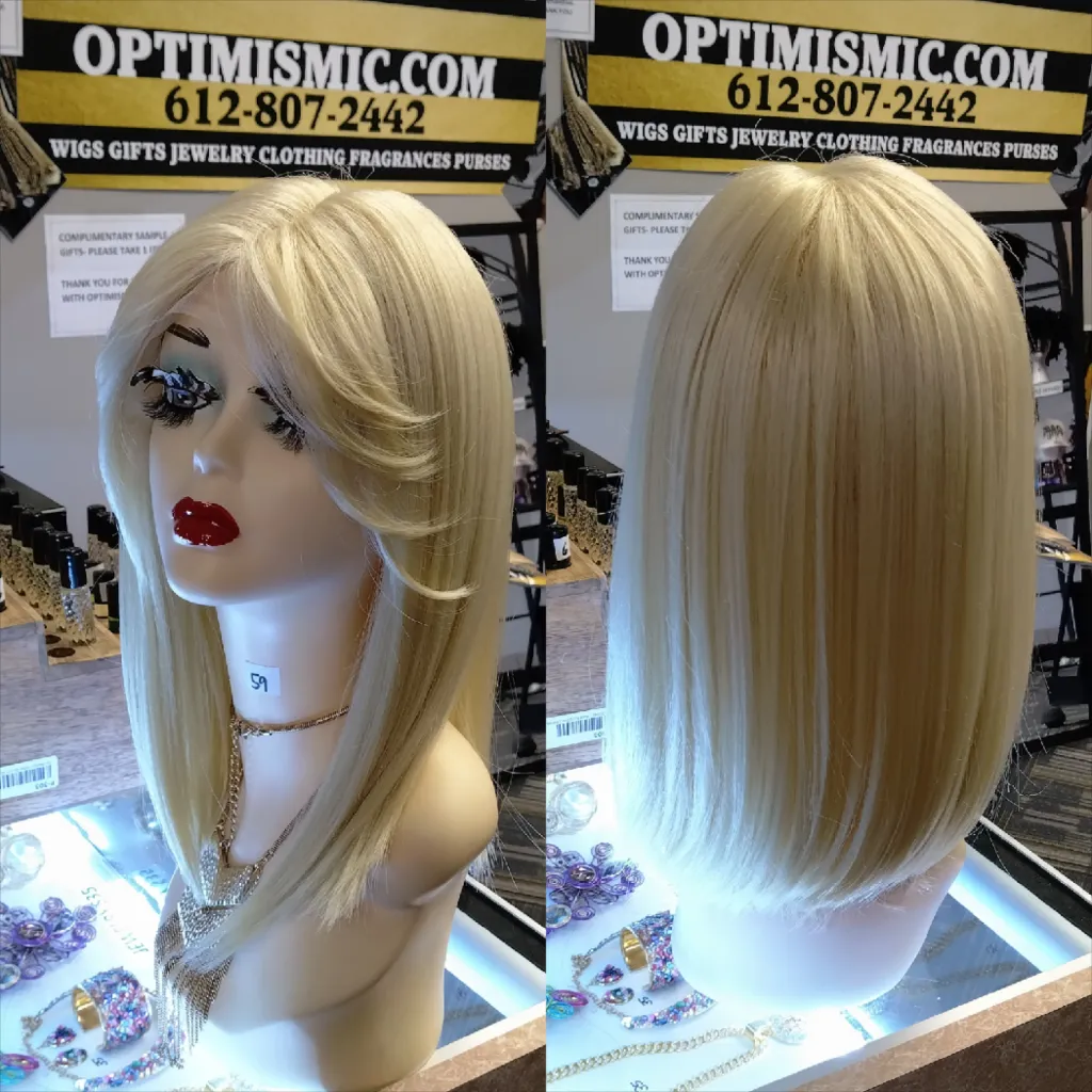 Blonde synthetic glueless bob Wig with bangs $59 Optimismic Wigs and Gifts West St Paul MN