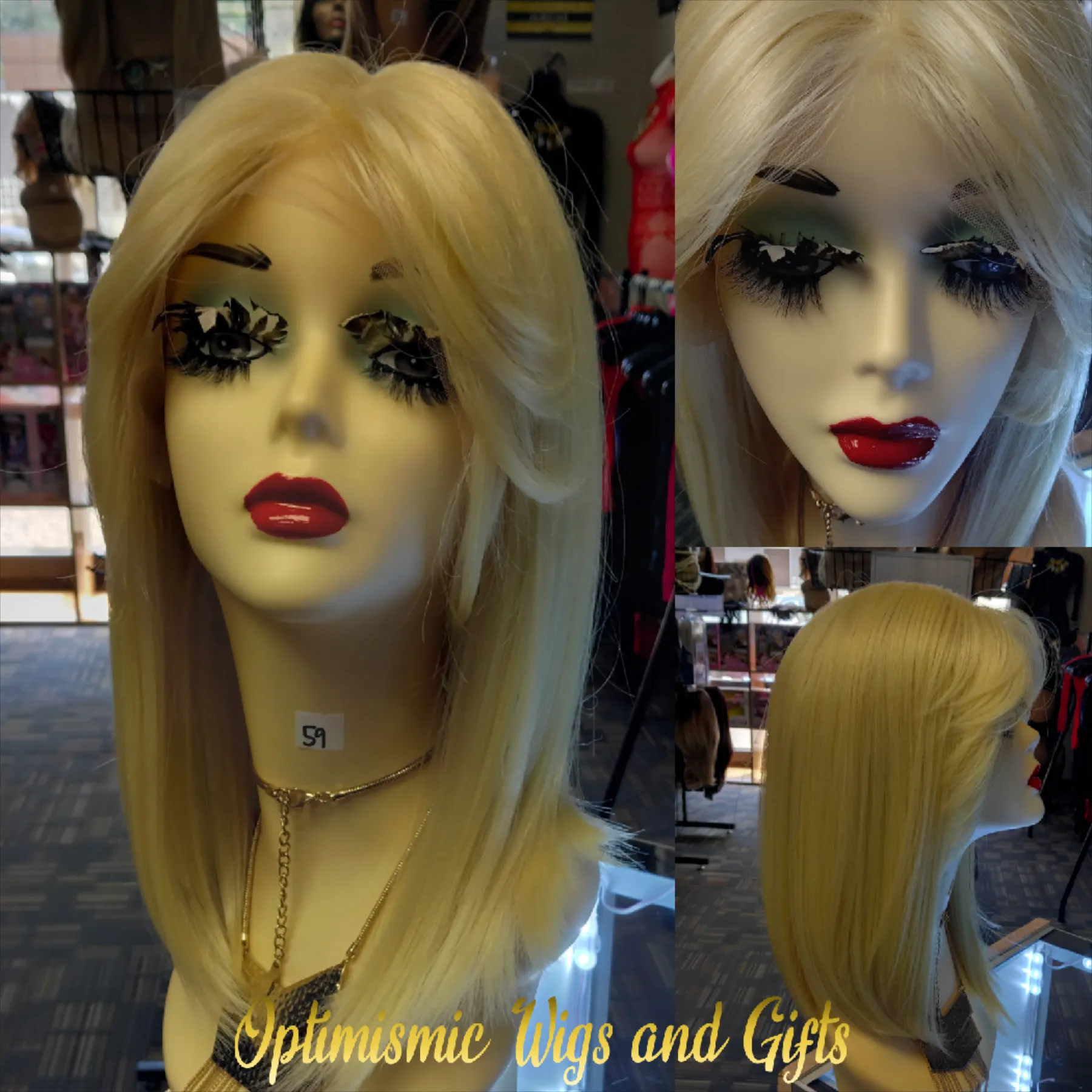 Blonde synthetic glueless bob Wig with bangs $59 Optimismic Wigs and Gifts West St Paul MN