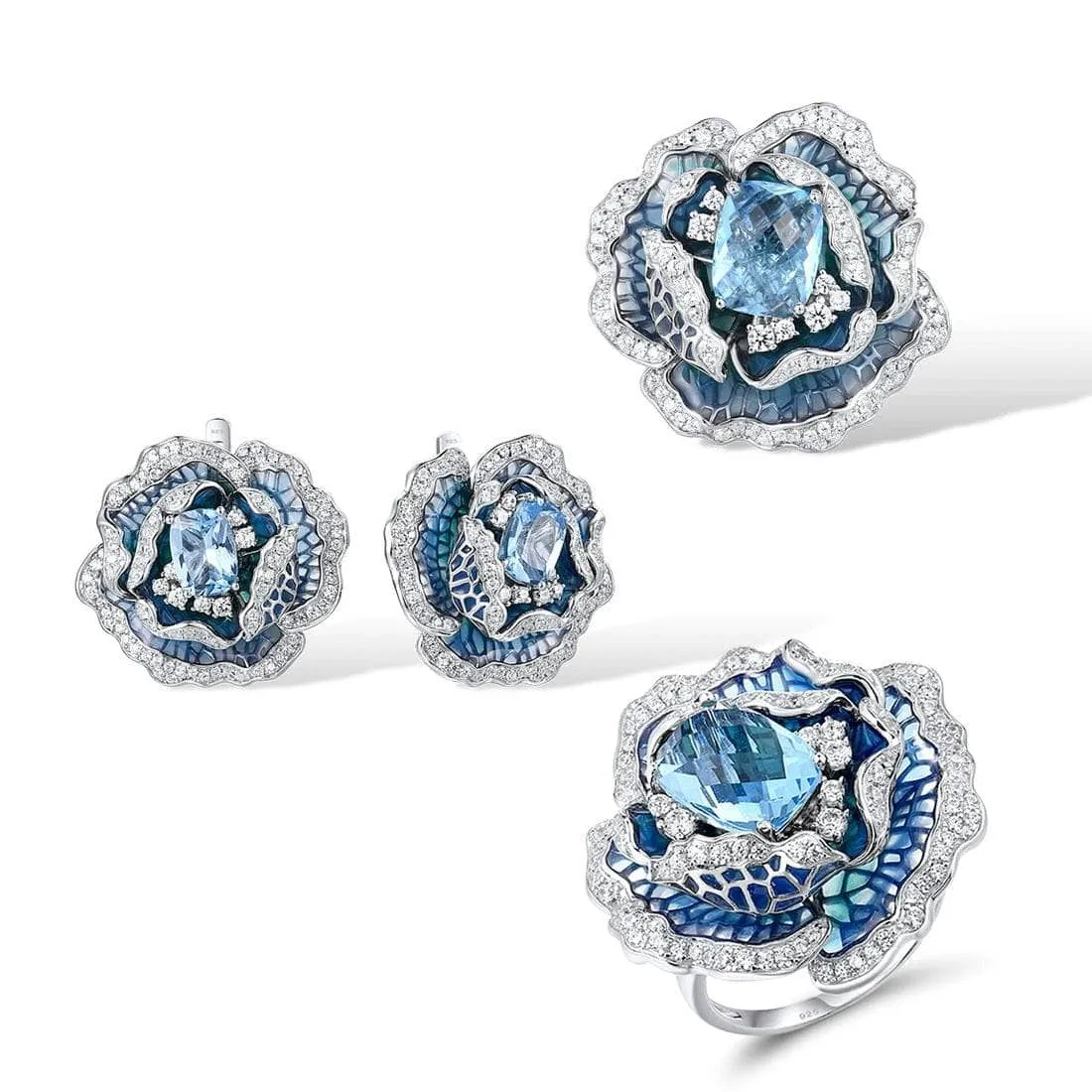 Blooming Blue Enamel Flower Jewelry Set