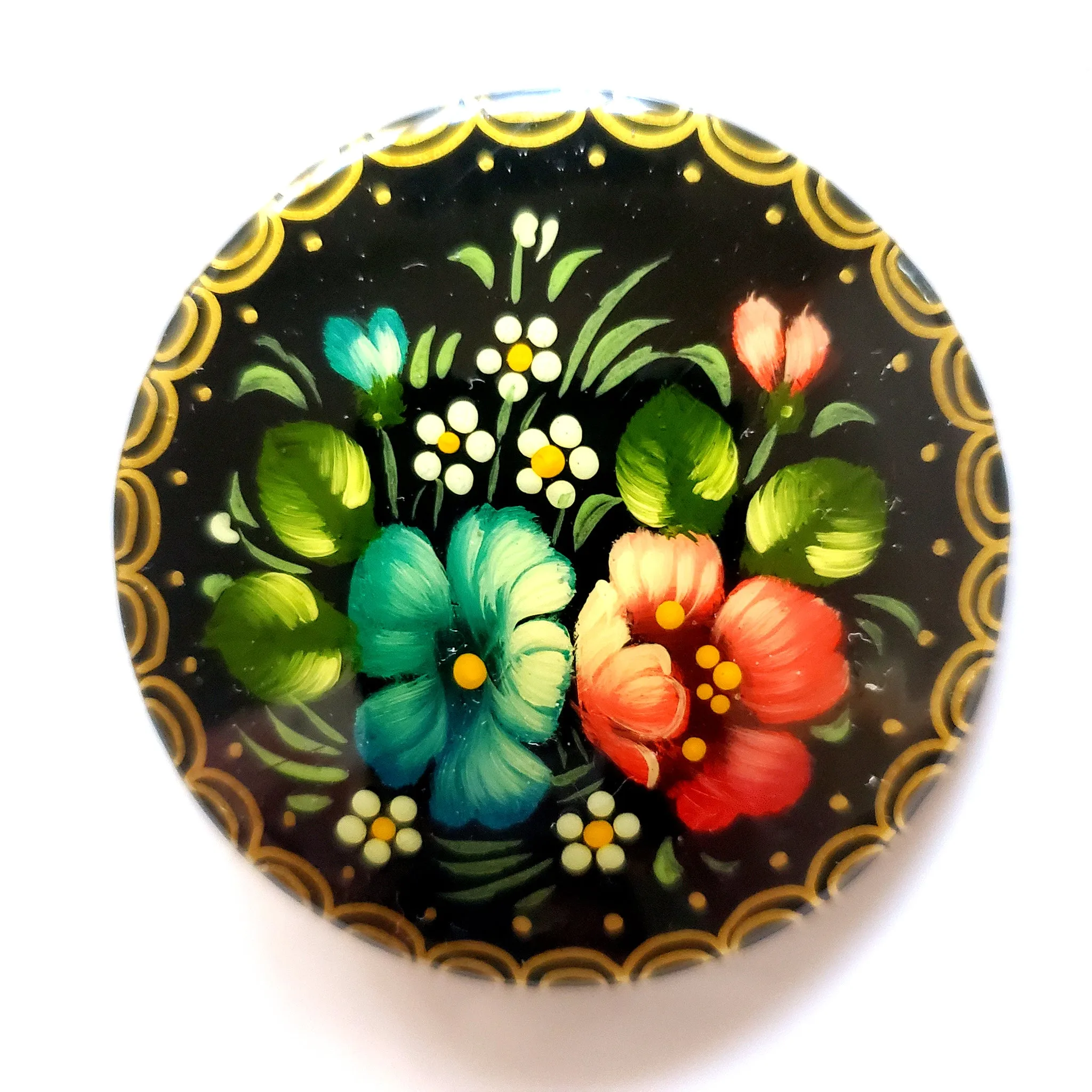 Blue and Pink Flower Traditional Russian Hand Painted Brooch