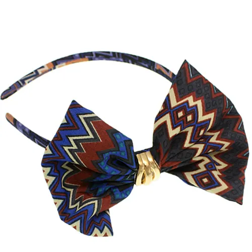 Blue Brown Chevron Hair Bow Headband