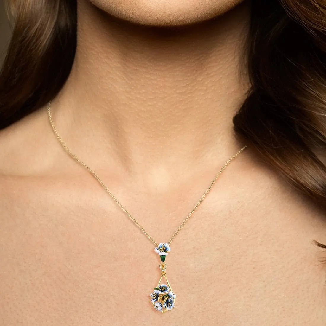Blue Enamel Flower with Diamond Pendant