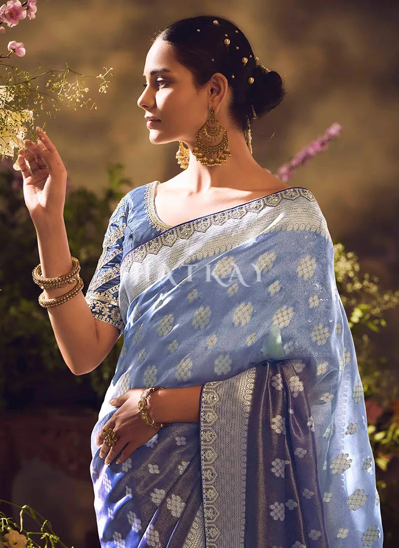 Blue Purple Ombré Embroidery Banarasi Saree