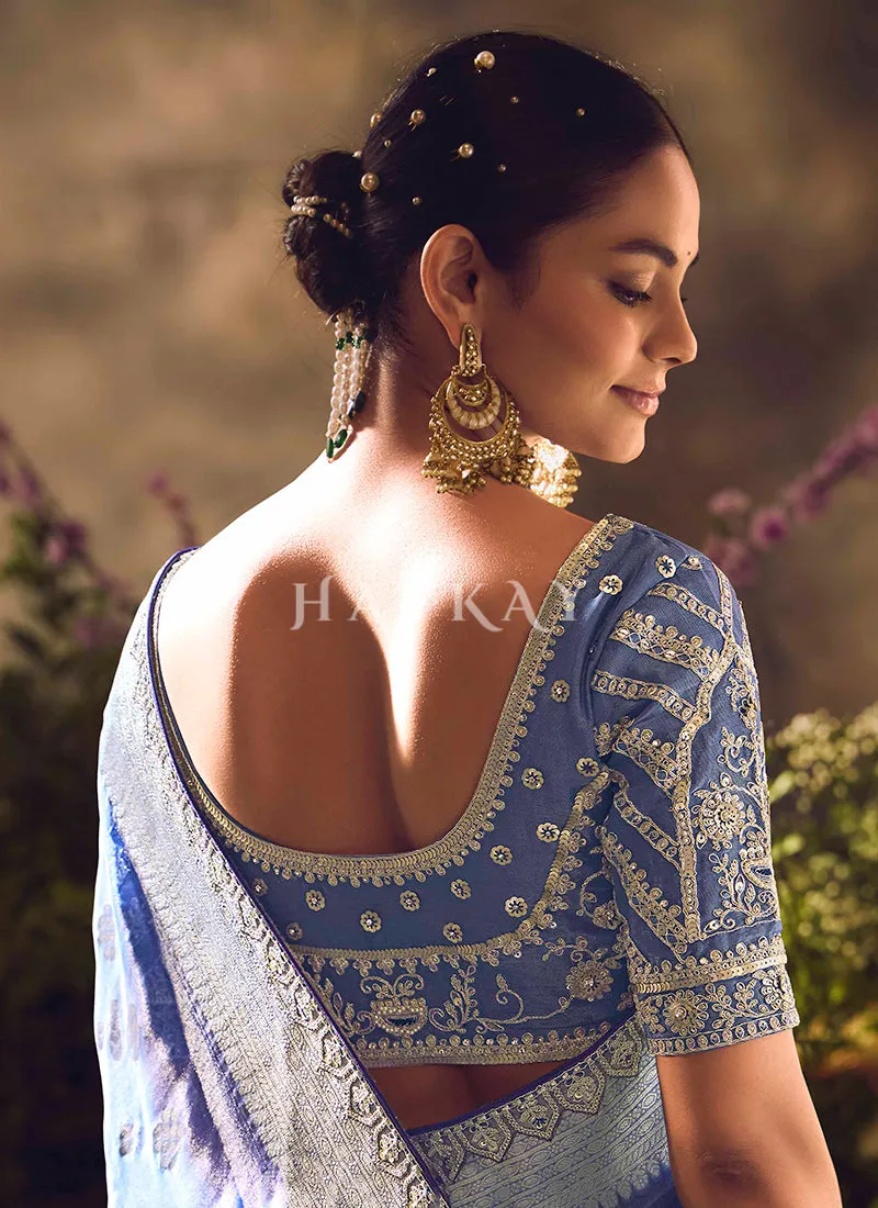 Blue Purple Ombré Embroidery Banarasi Saree