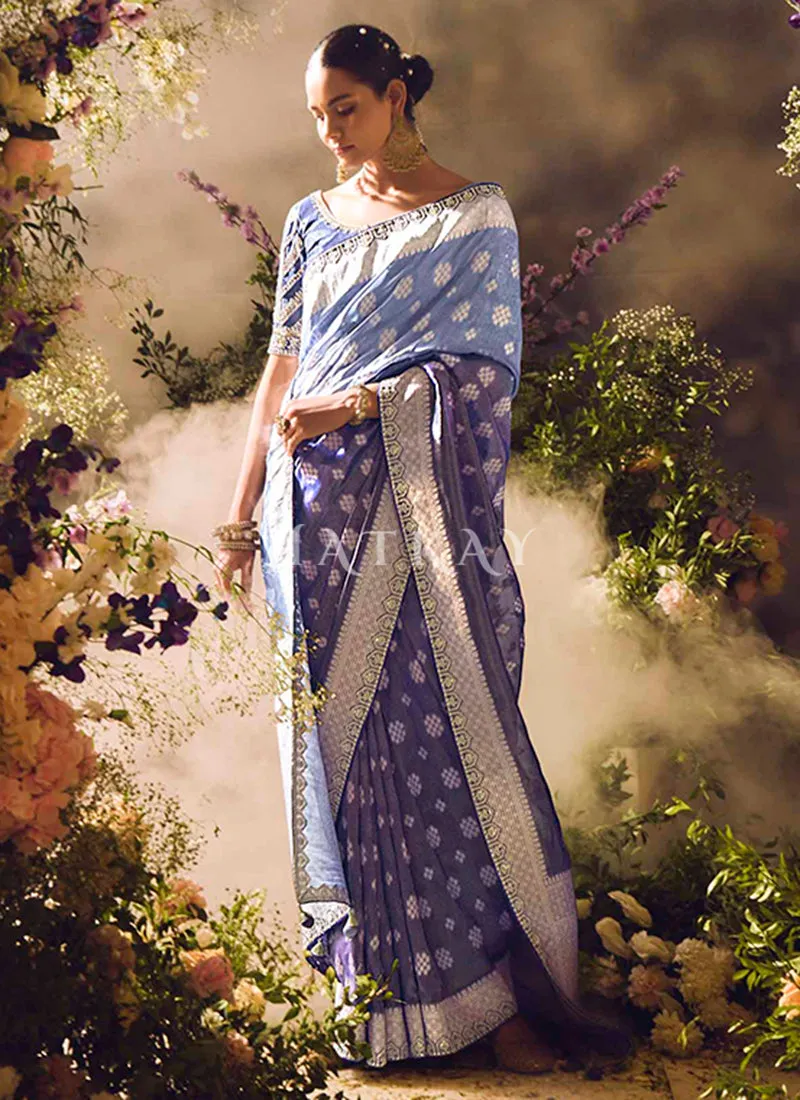 Blue Purple Ombré Embroidery Banarasi Saree