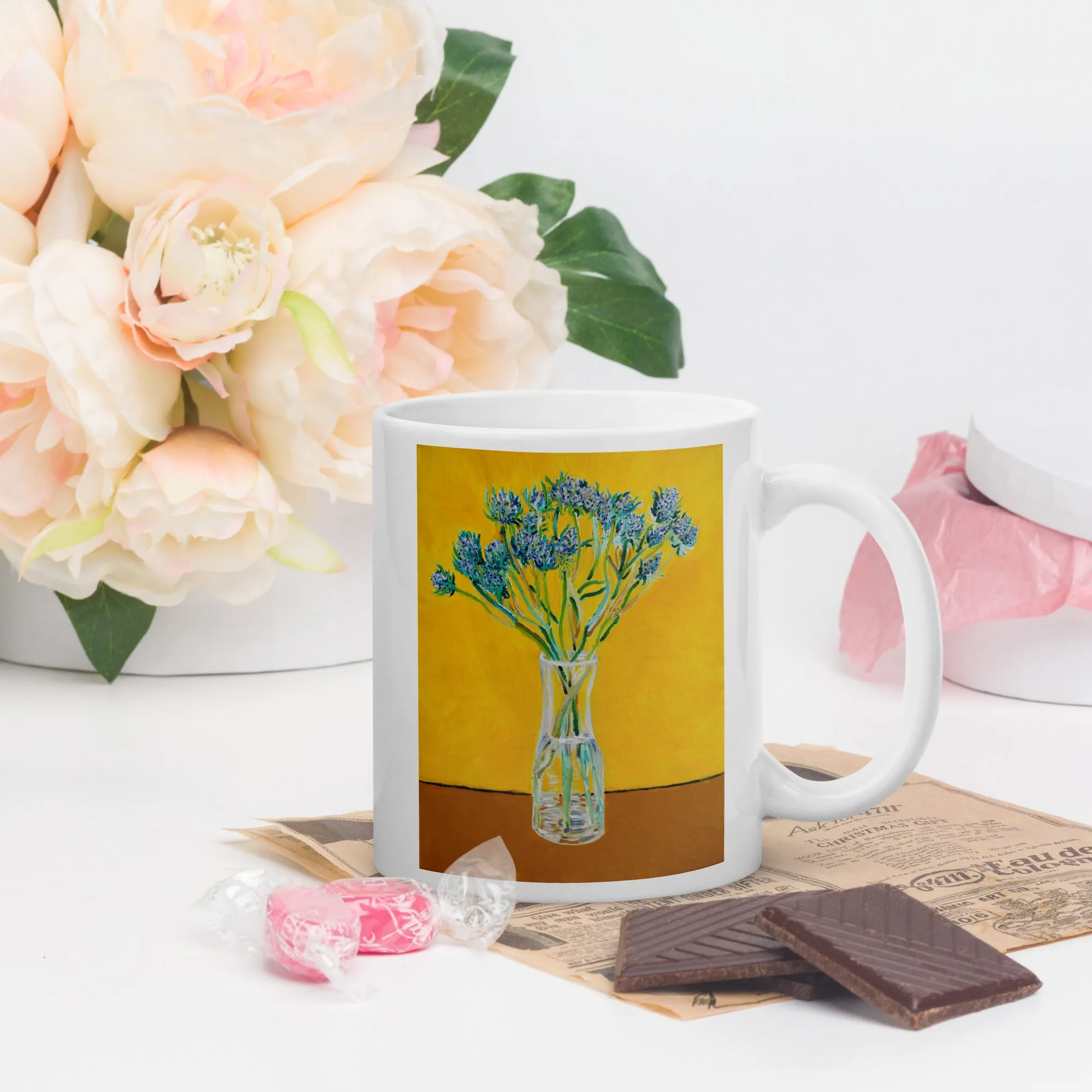 Bouquet of Flower Thistles Oil Painting Art - White Glossy Mug