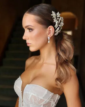 Bridal headpiece - statement vine feature with crystal navette leaves and flowers - Mira [side only] by Kezani - BUY or HIRE