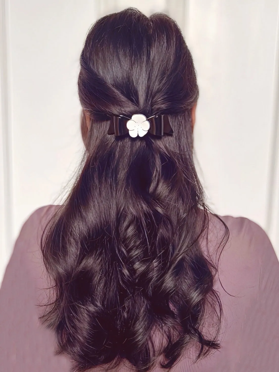 Camellia Small Ivory Black Bow Hair Clip