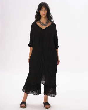 Crinkled Cotton Linen 3/4 Sleeve V-Neck Dress