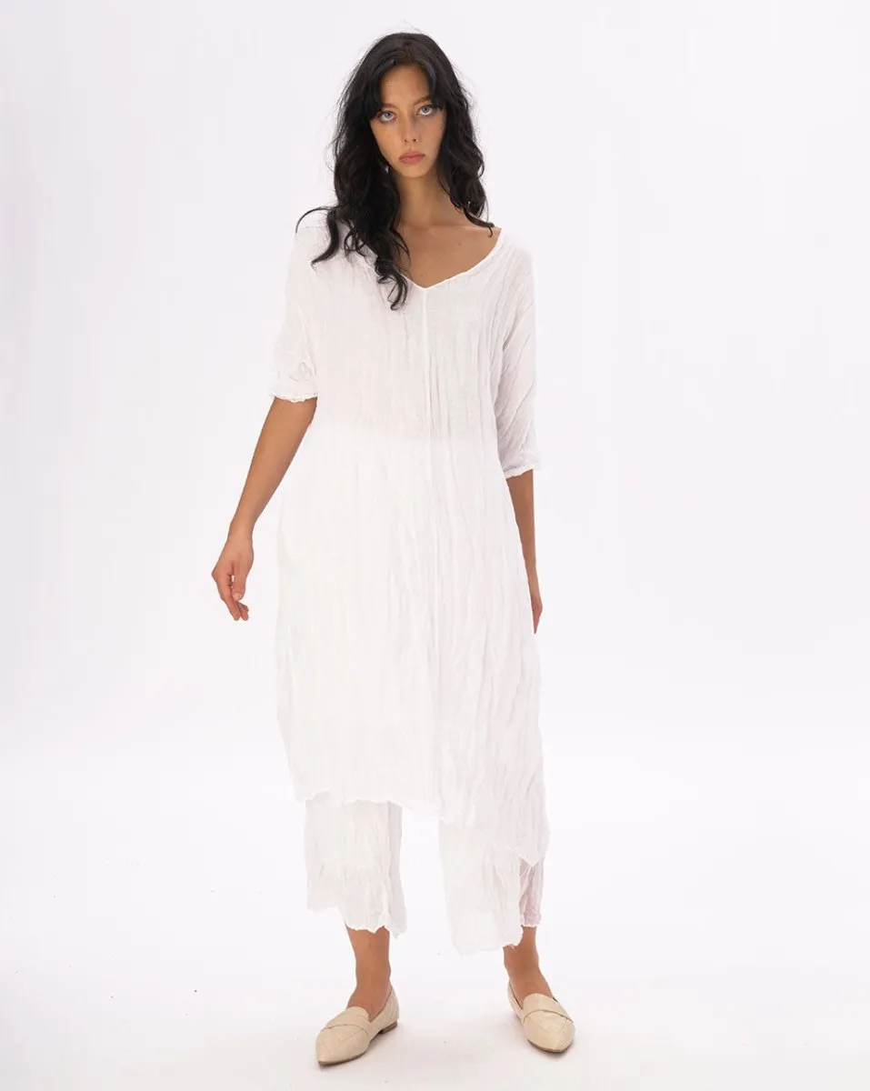 Crinkled Cotton Linen 3/4 Sleeve V-Neck Dress