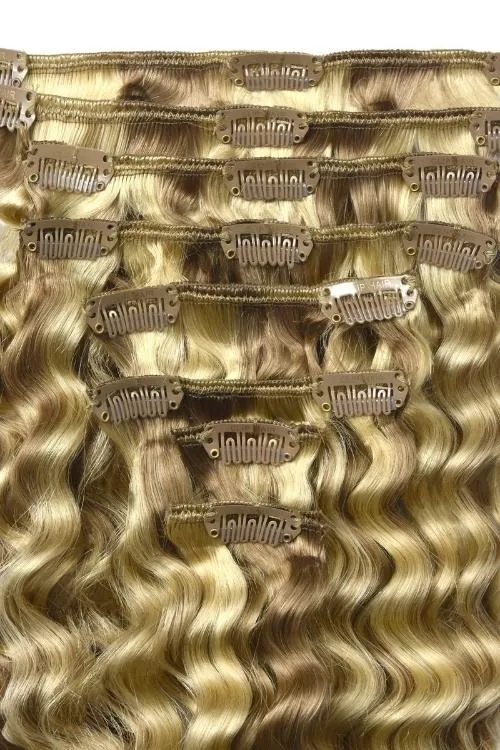 Curly Full Head Remy Clip in Human Hair Extensions - Biscuit Blondey (#18/613)