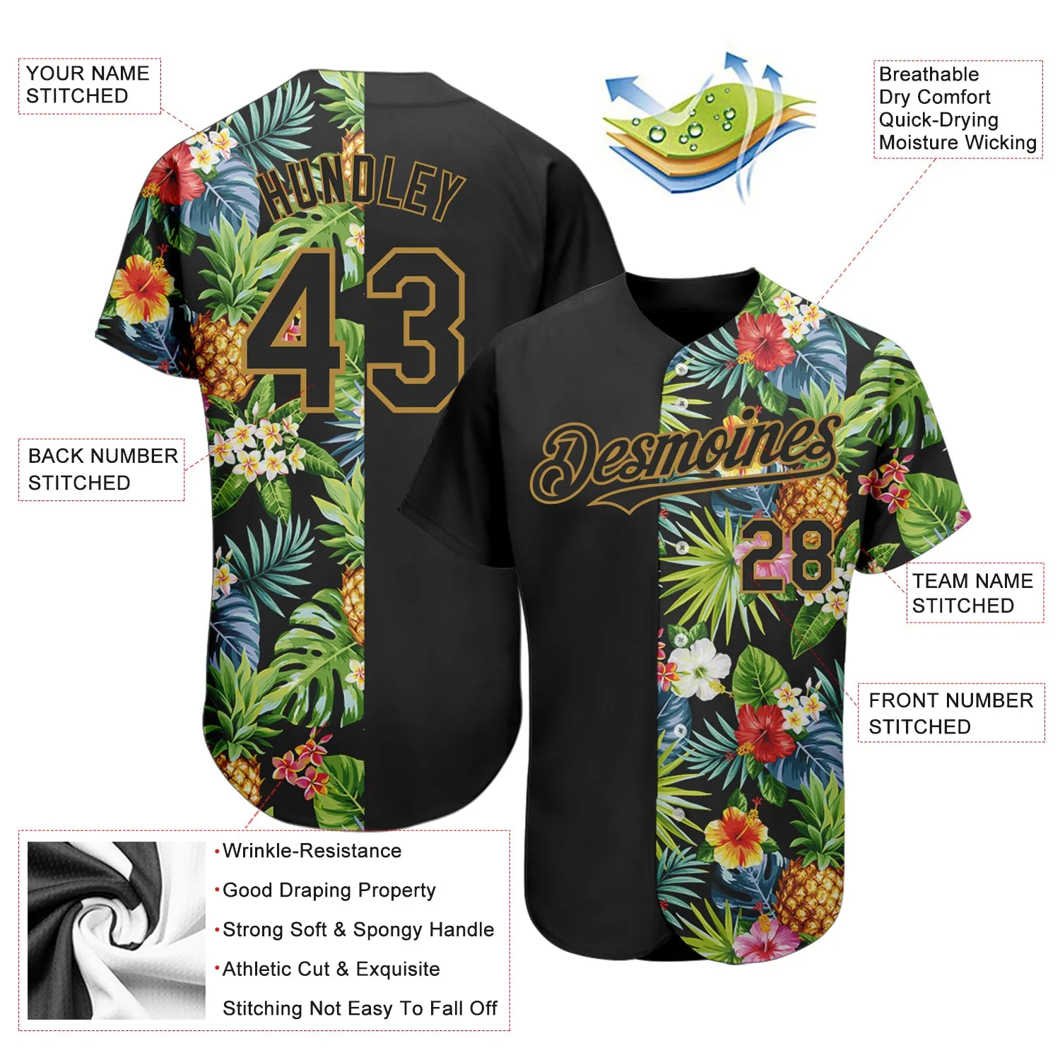 Custom Black Old Gold 3D Pattern Design Hawaii Tropical Pineapples, Palm Leaves And Flowers Authentic Baseball Jersey