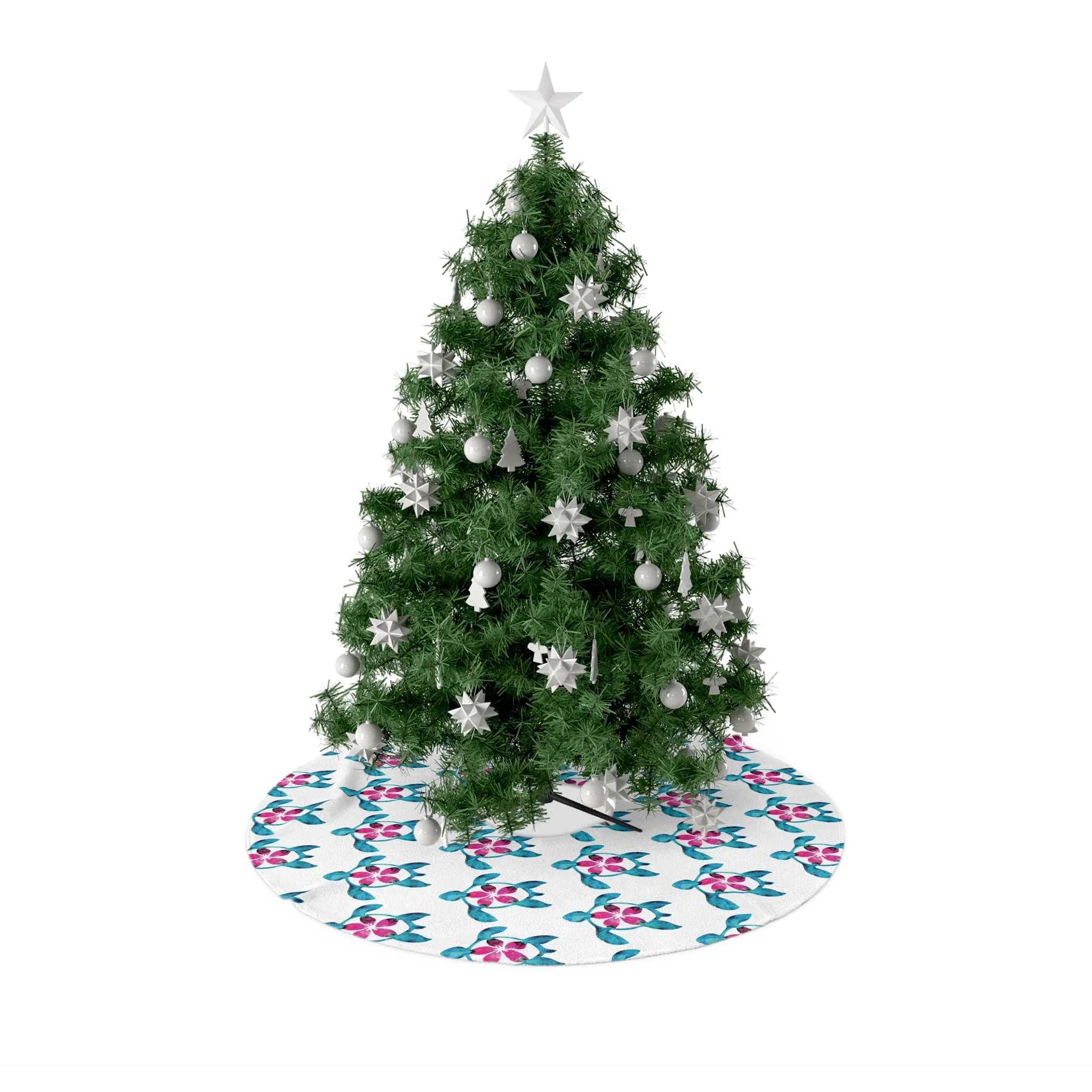 Custom Original Art Polynesian Turtle and Flower All Over Tropical Printed Fleece Christmas Tree Skirt