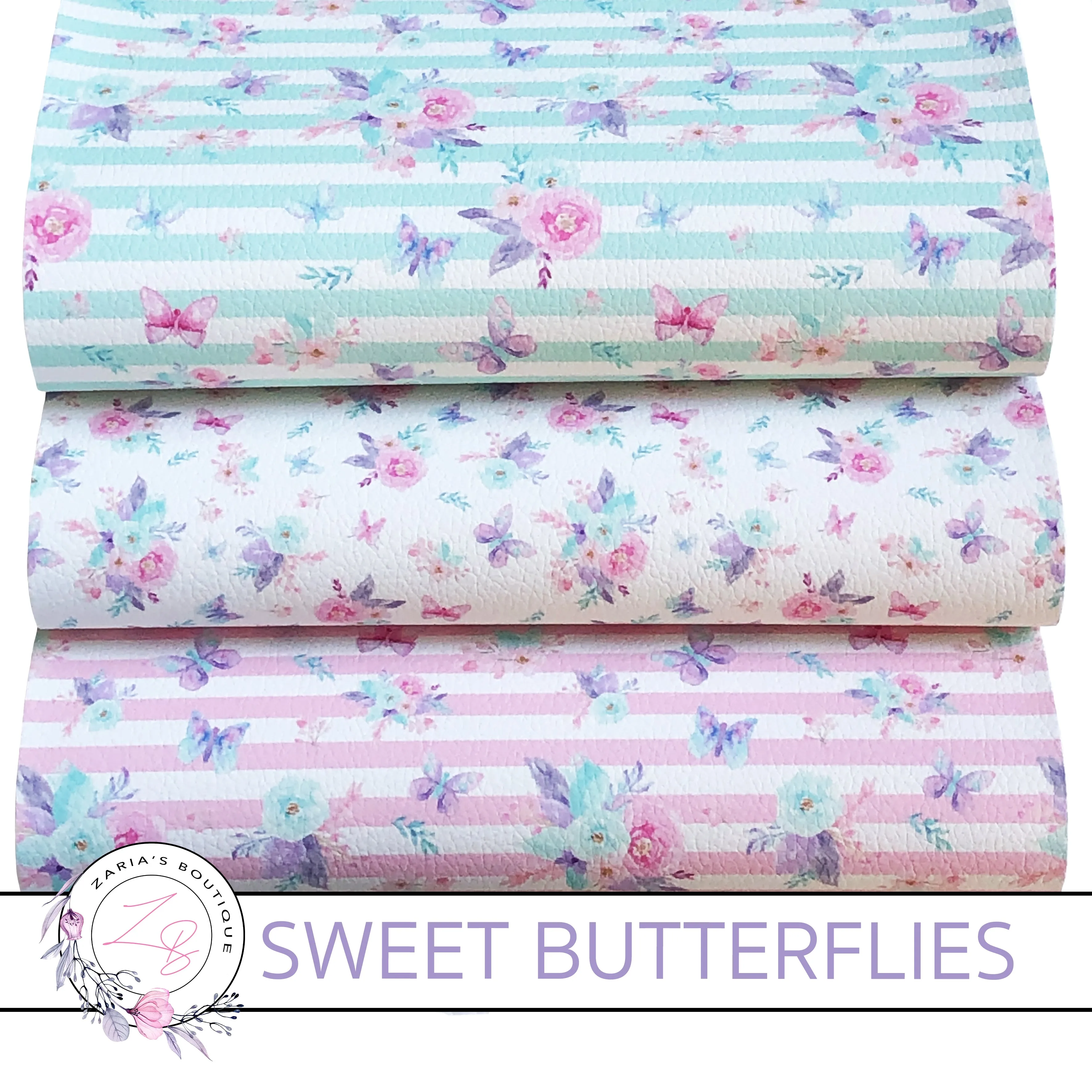 Custom Sweet Butterfly Floral Stripe Vegan Faux Leather Designer Multi-Pack or Single Sheets