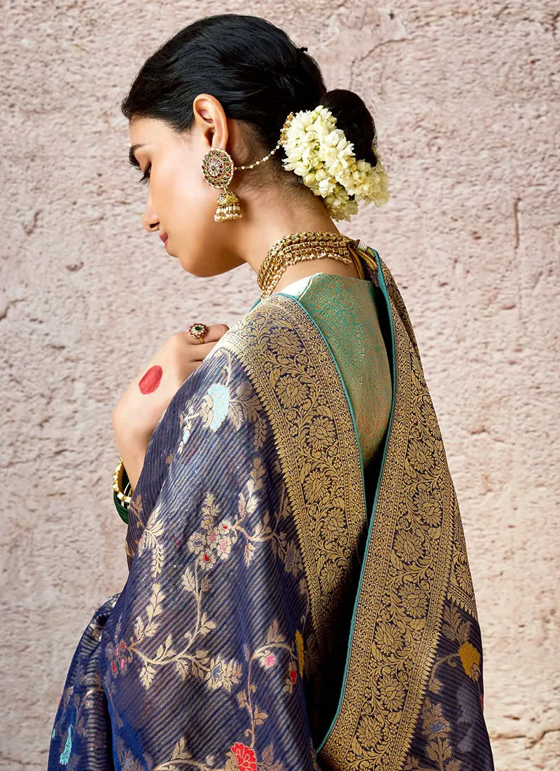 Dark Blue And Teal Floral Kora Banarasi Silk Saree