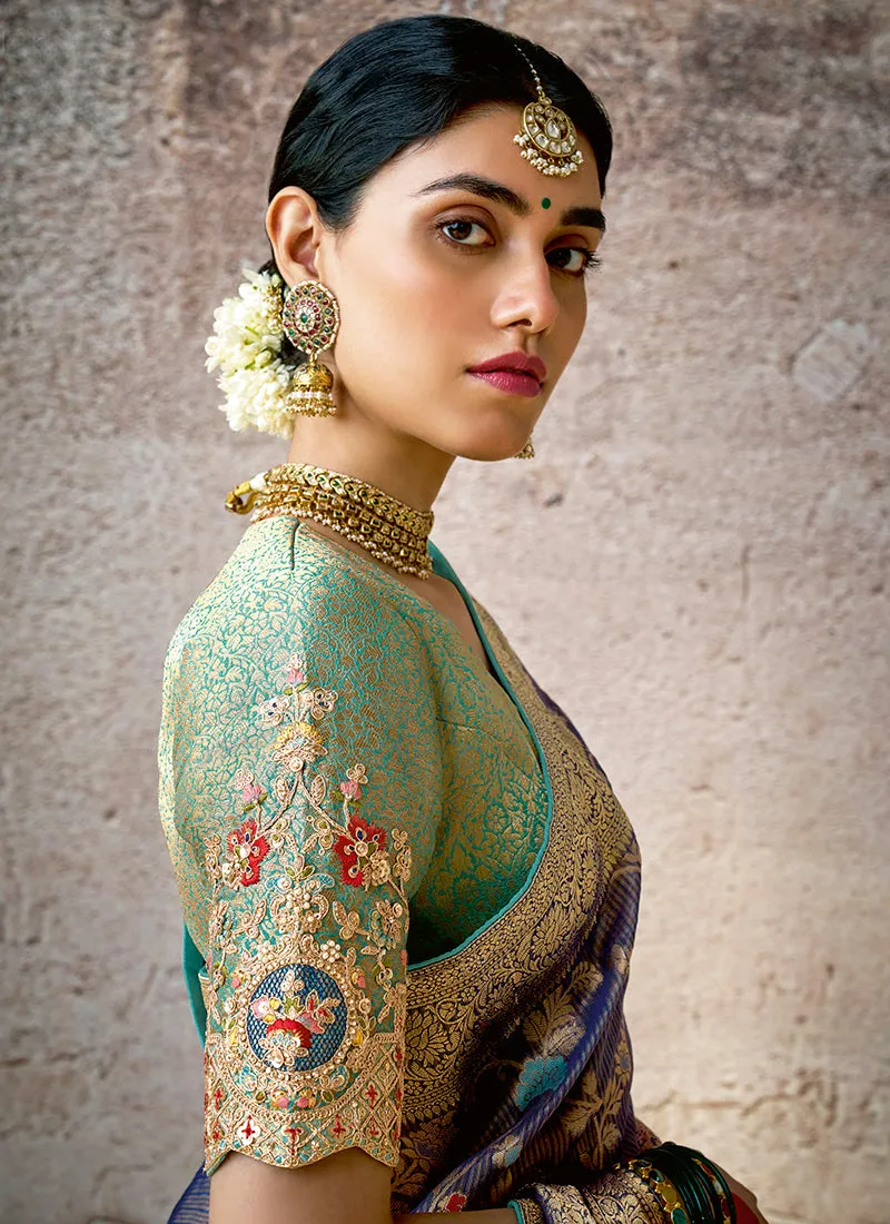 Dark Blue And Teal Floral Kora Banarasi Silk Saree