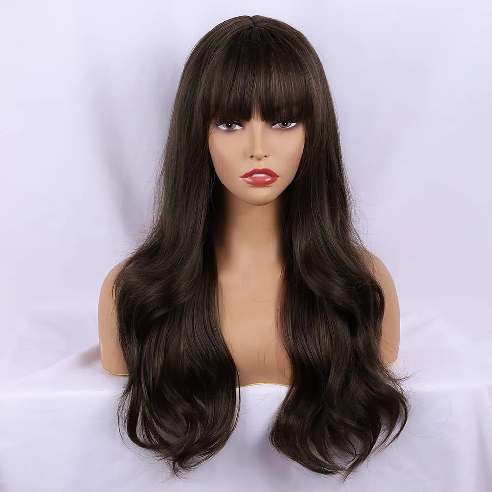 Dark Brown Long Wavy Wigs With Bang for Women