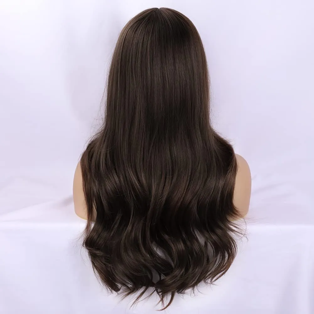 Dark Brown Long Wavy Wigs With Bang for Women