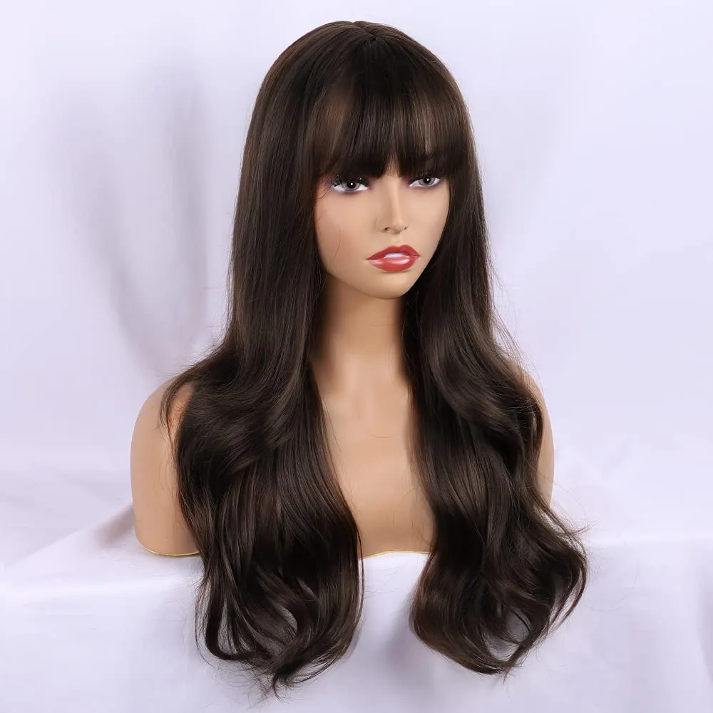 Dark Brown Long Wavy Wigs With Bang for Women