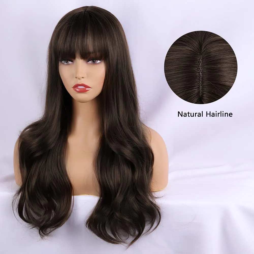 Dark Brown Long Wavy Wigs With Bang for Women