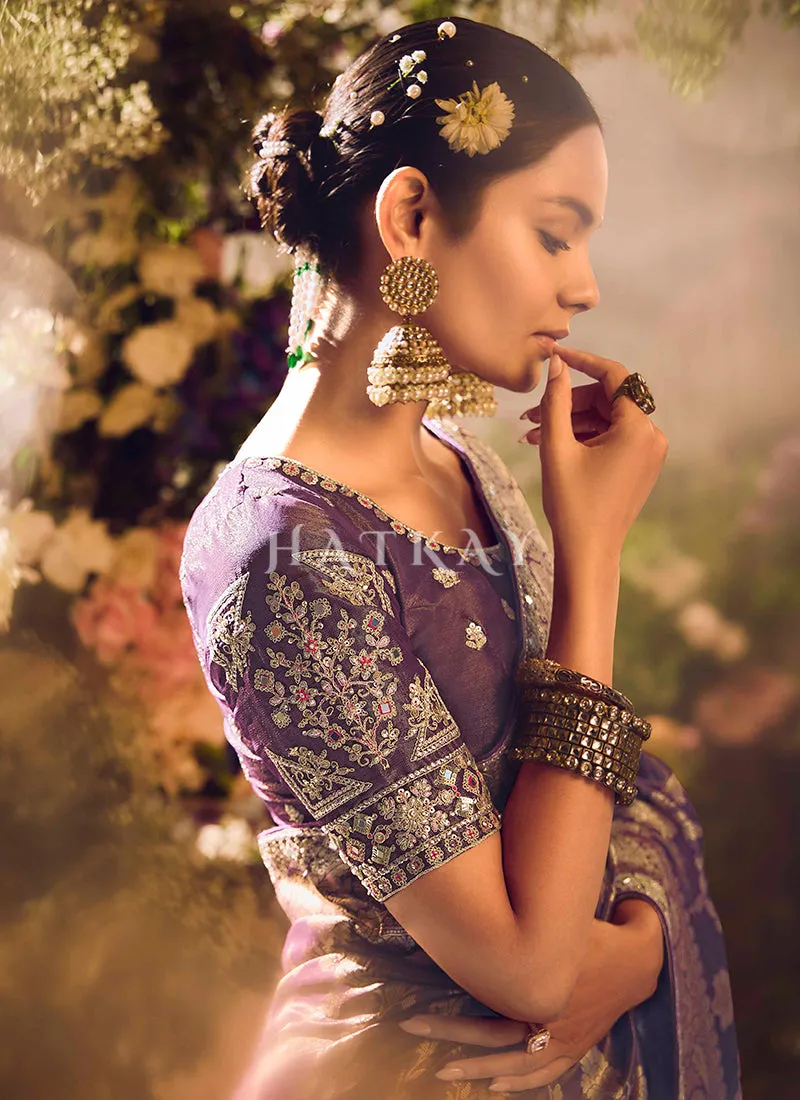 Deep Purple Embroidery Banarasi Saree