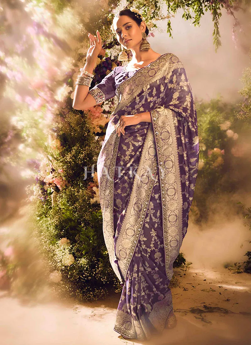 Deep Purple Embroidery Banarasi Saree